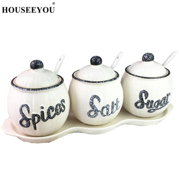 HOUSEEYOU Simplicity Ceramic Sugar Creamer Pots Bowl Home Kitchen 3in1 Salt Spices Condiment Jars with Small Spoons Dinnerware