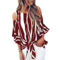 Fashion Women Cold Off Shoulder Stripe Loose Tops Butterfly Short Sleeve O-neck Summer Casual Baggy Tie Knot Blouse Shirt