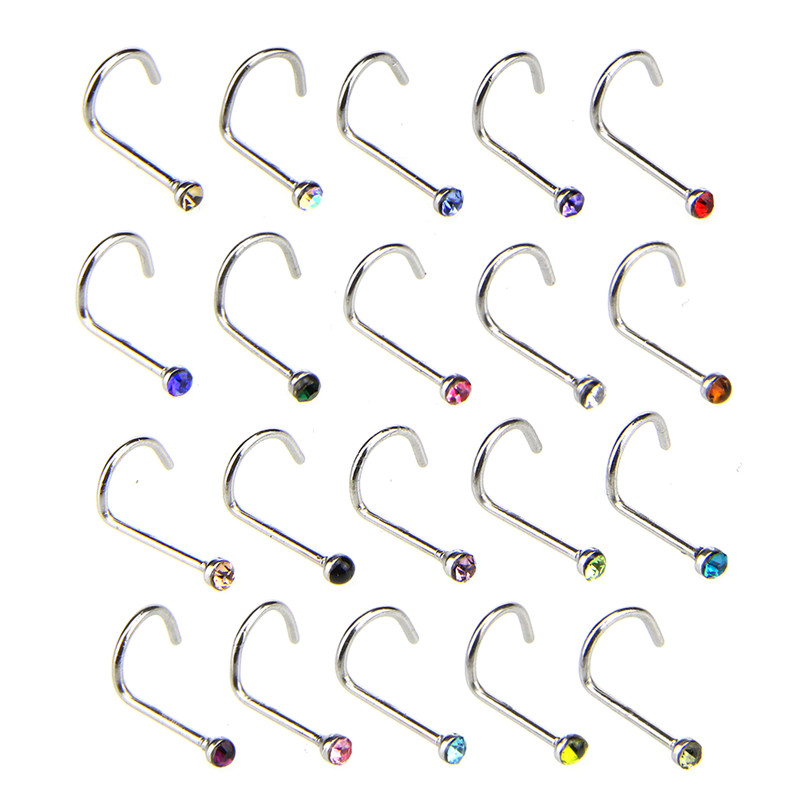 20pcs/lot Nose Studs Hooks Bar Body Piercing Jewelry Stainless Steel Crystal Rhinestone For Women Surgical Steel Nose Ring