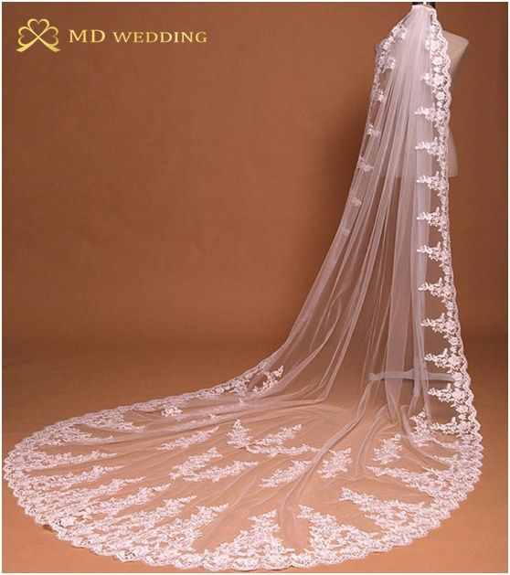 Elegant Real Photos 3M White/Ivory Cathedral Length Appiqued Wedding Bridal Veil With Comb Wedding Accessories MD3081
