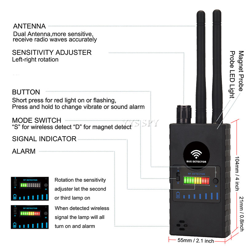 G528B Hidden Camera Detector Dual Antenna RF Signal Wifi Secret Covert Cam GSM Mobile Audio GPS Tracker Mini Spy Bug Scan Finder