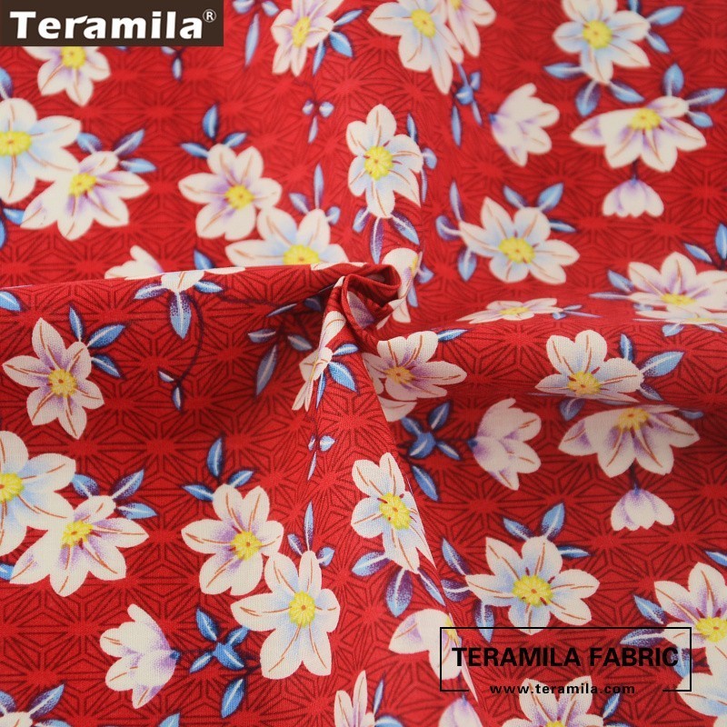 Teramila Cotton Poplin Fabric Red Fat Quarter Meter Textile Tissue Printed Lily Flowes Style Cloth Dress Shirt Quilting tecido