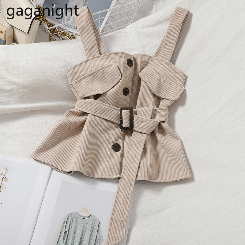 Gaganight Solid Women Corduroy Outwear Vest Sleeveless Tops with Belt Autumn Winter Fashion Office Lady Vintage Tank Camis Chic