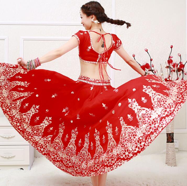 India Sarees For Woman India Dance Performance Lehenga Choli Four Pieces Woman Embroideried Red Sets Top+Skirt+Pants+Scarf