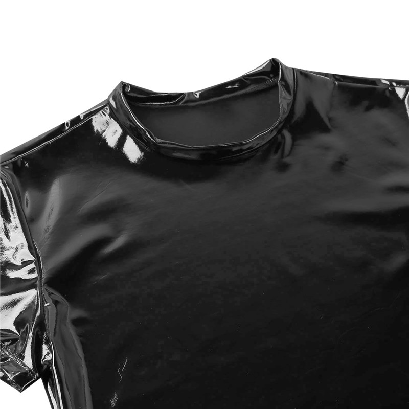 TiaoBug Fashion Mens Wetlook Faux Leather Short Sleeve Round Neck Muscle Tight T Shirt Sexy Male Men Clubwear Stage Costume Tops