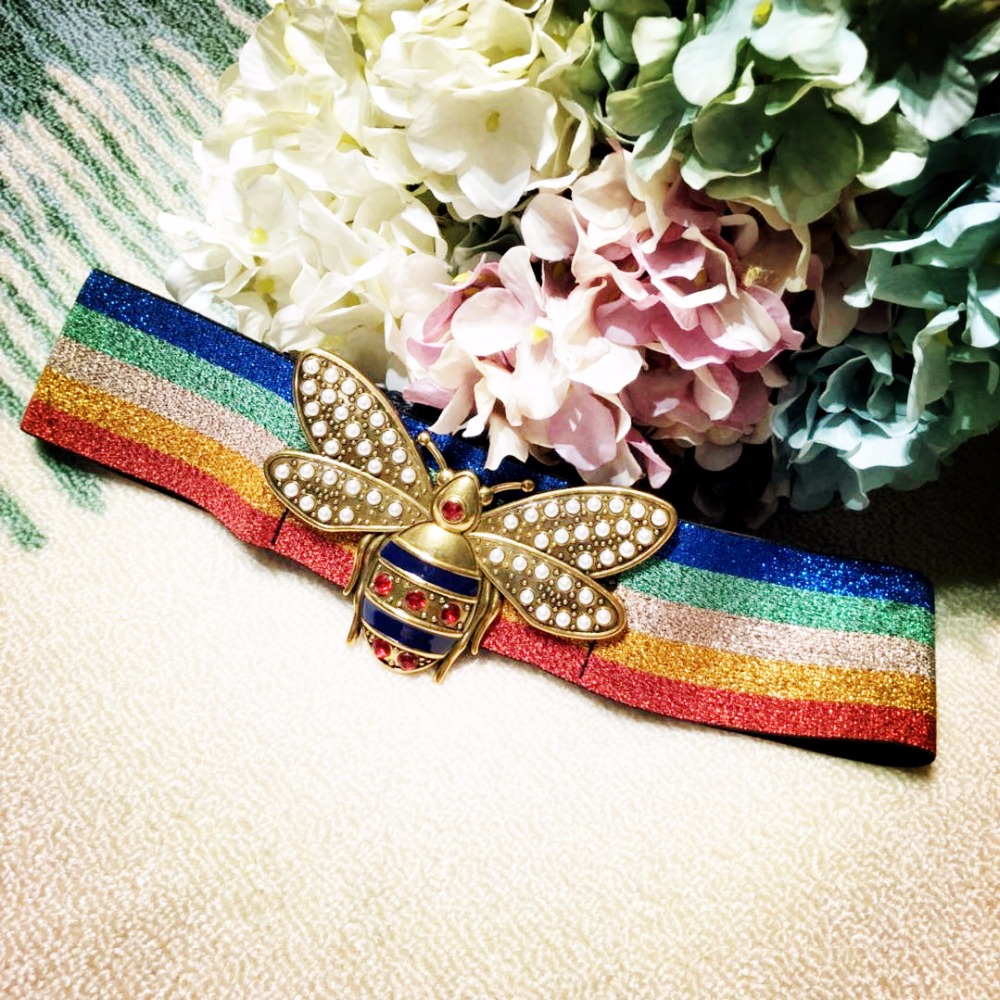 New arrival 2020 spring summer fashion women girls cute bee belt diamonds beading pearls rainbow striped knitted belts