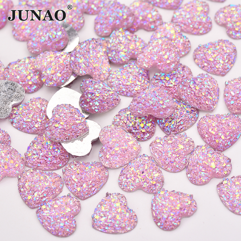 JUNAO 12mm 100pcs Glitter Silver Heart Rhinestone Applique Flatback Crystal Stones Resin Gems Non Hotfix Strass for Decoration