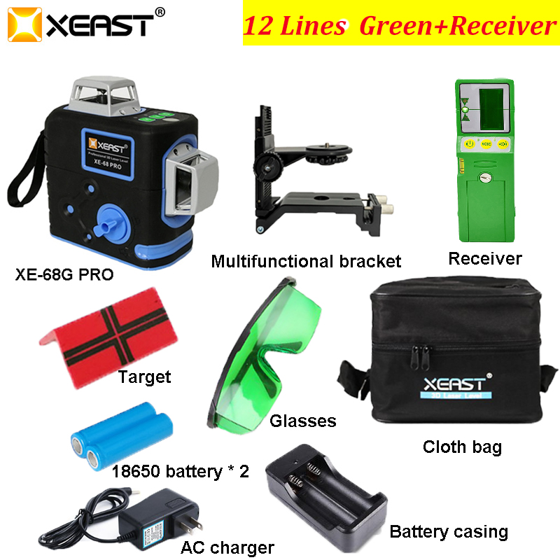 XEAST XE-68G Pro 3D Laser Levels 12 Lines Cross Level Self Leveling Outdoor 360 Rotary green Laser with Laser receiver
