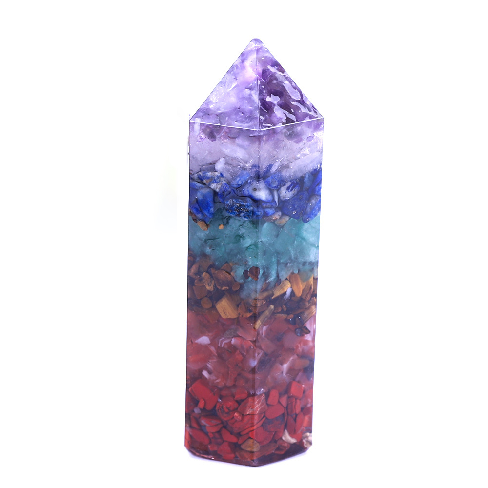 Natural crystal seven chakra aogen energy large hexagonal column ornament seven color wheel single pointed column multicolor