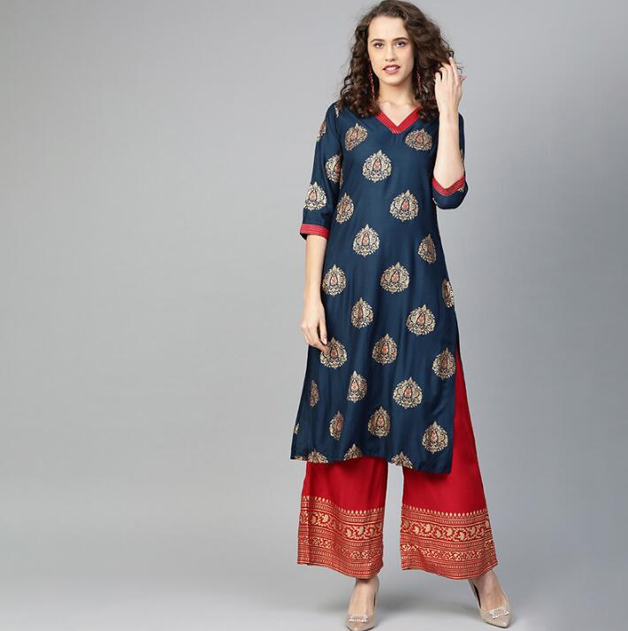 2020 India Fashion Woman Ethnic Styles Print Sets Kurtas Cotton India Lehenga Choli Elegent Lady Spring Summer Top+Pants