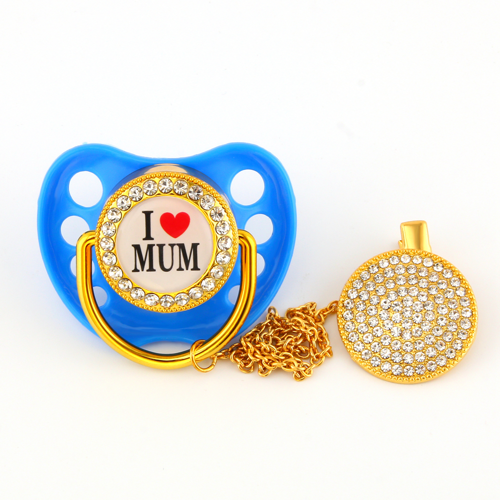 Luxury Diamond Sparkle Crystals Baby Pacifiers Rhinestones Bling Bling Pacifier Chain Clip I love Mum Dad Dummy Soother Holder