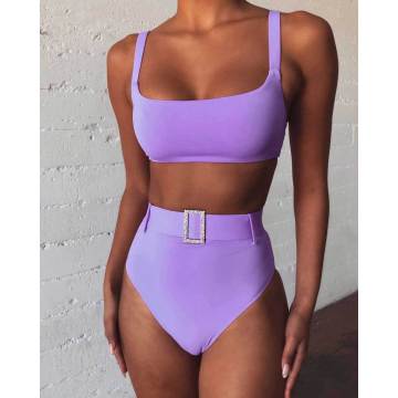 High Waist Bikini Solid Purple High Leg Rhinestone Belt Swimsuit Beach Bathing Suit Push Up Padded Two Piece Swimwear Biquini