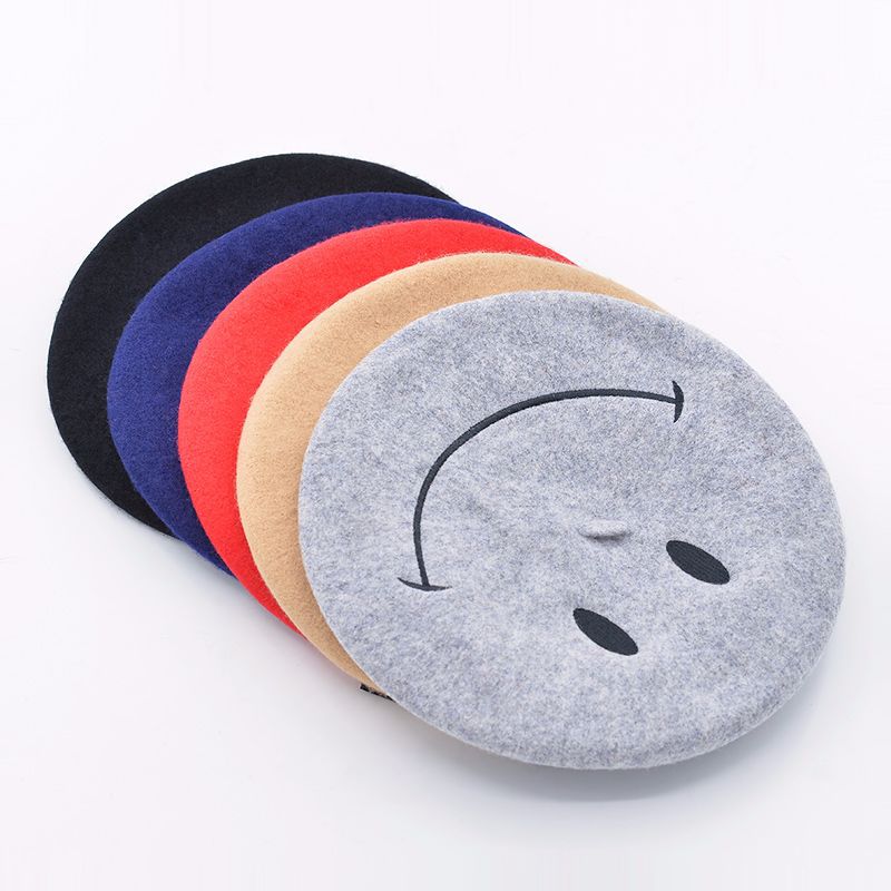 autumn and winter new smiling face embroidered wool beret painter hat lady fashion warm bud hat girls beret women hat french