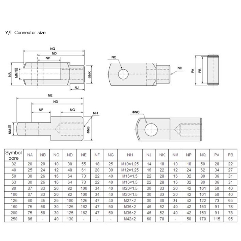 Pneumatic SC standard cylinder fittings Y-joint with pins accessory M6x1/M8x1.25/M10x1.25/M12x1.25/M16x1.5/M20x1.5/M27x2/M36x2