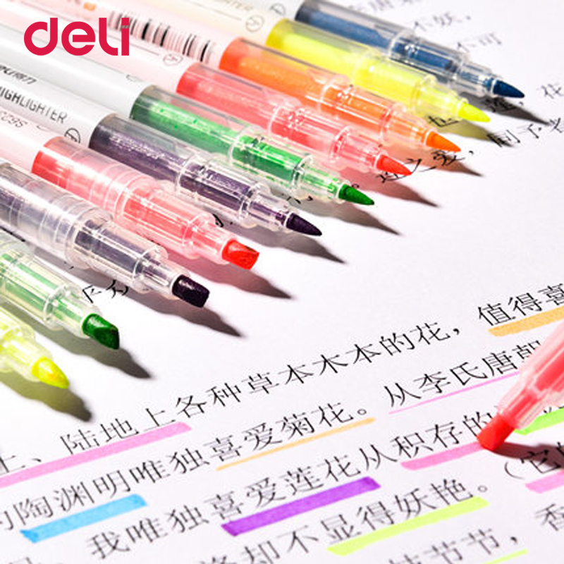 Deli wholesale 6 pcs dual head 6 colored highlighter pen with invisible ink for school office drawing sign brush scribble marker
