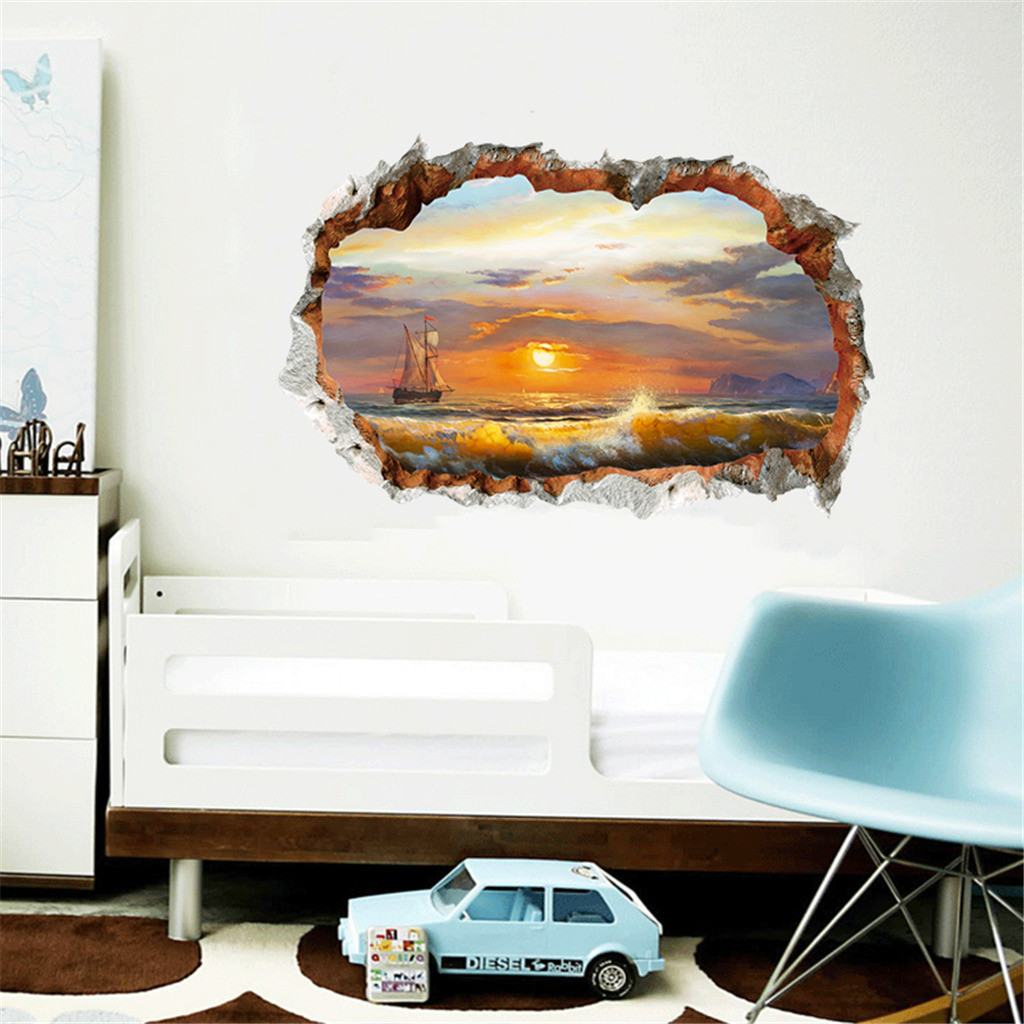 3D Broken Wall DIY Family Home Wall Sticker Nature Sunset Glow At The Beach Wallpaper Decal Living Room Mural Wall Art Poster