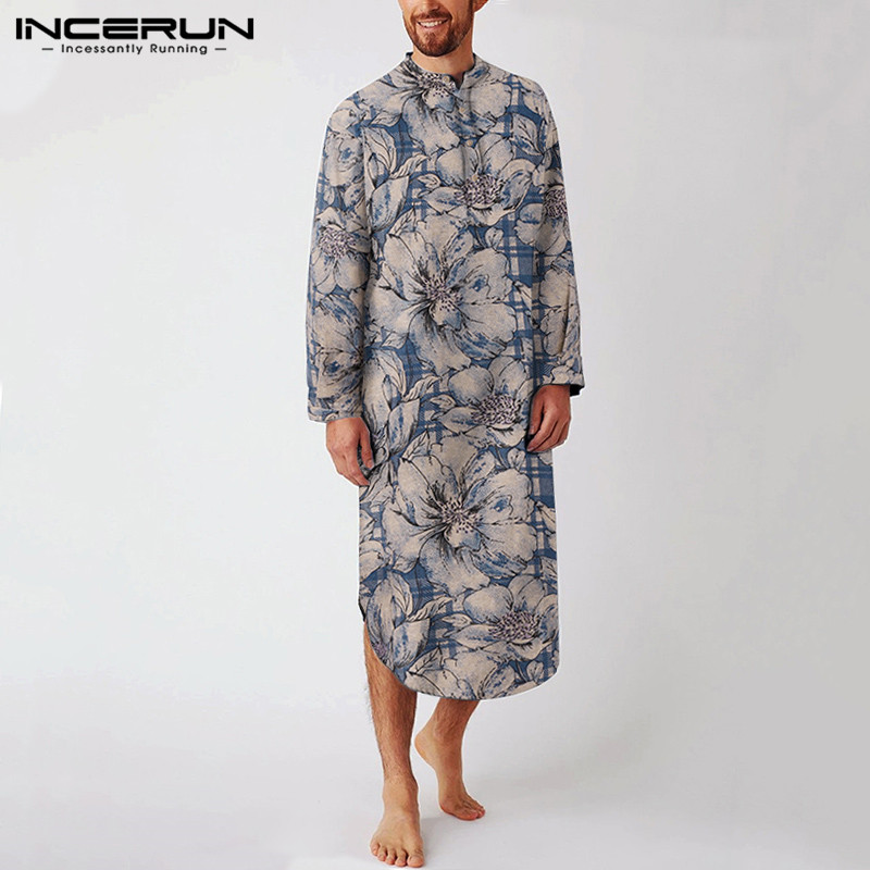 INCERUN Printed Muslim Caftan Robes Men Long Sleeve Jubba Thobe Vintage Pockets Abaya Islamic Clothing Stand Collar Men Robe 5XL