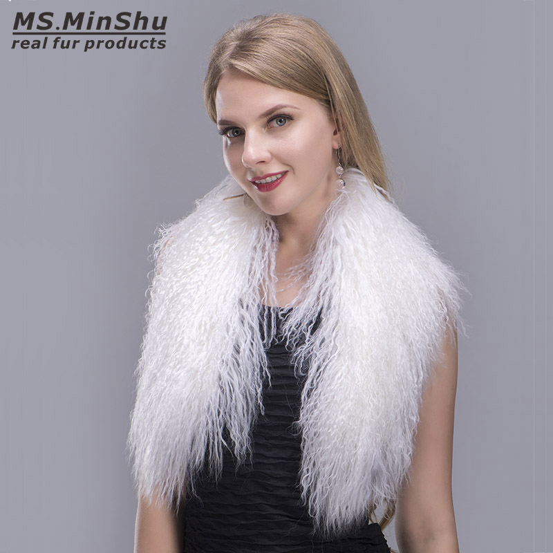 MS.MinShu Tibet Lamb Fur Scarf Collar Women Scarf Long Fluffy Real Fur Shawl for woman Winter Fur Collar Scarf Middle length