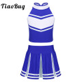 TiaoBug Kids Girls School Cheerleader Uniform Sleeveless Crop Tops Pleated Skirt Set Children Stage Performance Dance Costume