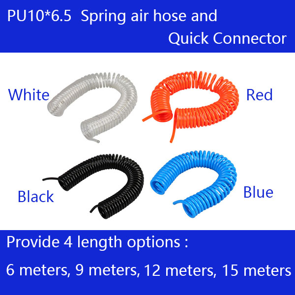 Free shipping PU10*6.5mm spring air compressor hose and quick detachable connectors, pneumatic hose 6-15M, Air compressor parts