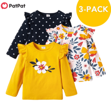 PatPat 2021 New Arrival Autumn and Spring 3-pack Girls T-shirt Floral Dots Long-sleeve Tee Sets Children Clothing