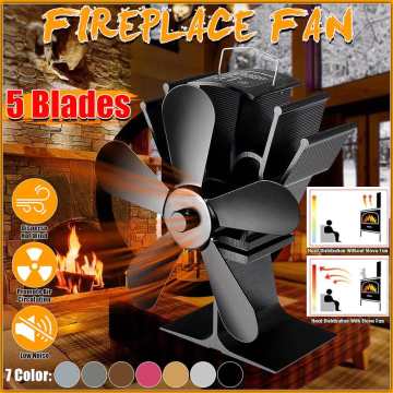 5 Blades Heat Powered Stove Fan Black Fireplace Log Wood Burner Eco Fan Quiet Home Fireplace Fan Efficient Heat Distribution