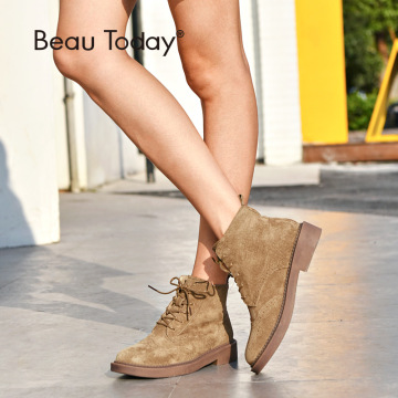 BeauToday Ankle Boots Women Brogue Style Genuine Leather Pigskin Suede Handmade Lace Up Brand Lady Fashion Shoes 04017