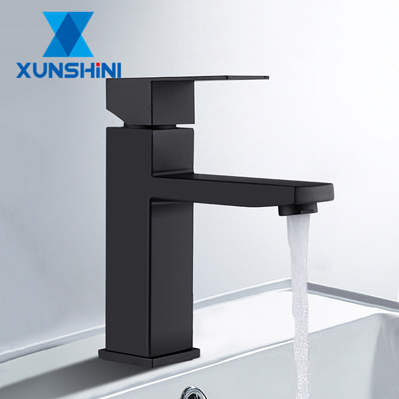 XUNSHINI Black Square Bathroom Sink Faucet Single Handle Basin Faucet Wash Tap Bathroom Toilet Deck Mounted Basin Tap