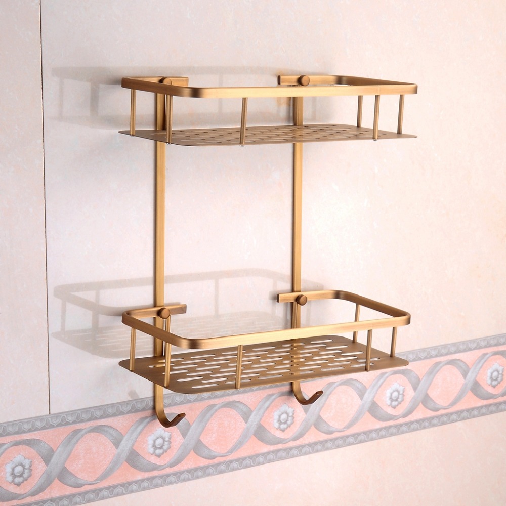 Bathroom Shelves Square Bath Shelf 2 Layer Holder Bath Shampoo Holder Bathroom Storage Antique Bronze Finished