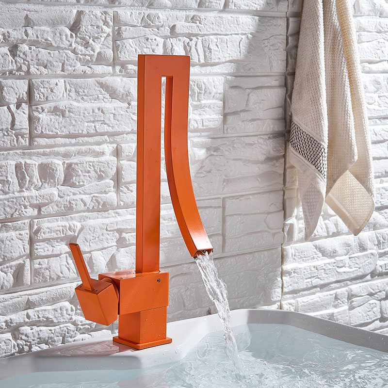 ORB Orange Square Basin Faucets Waterfall Basin Mixer Tap Single Handle Mixer Tap 360 Rotation Deck Mount