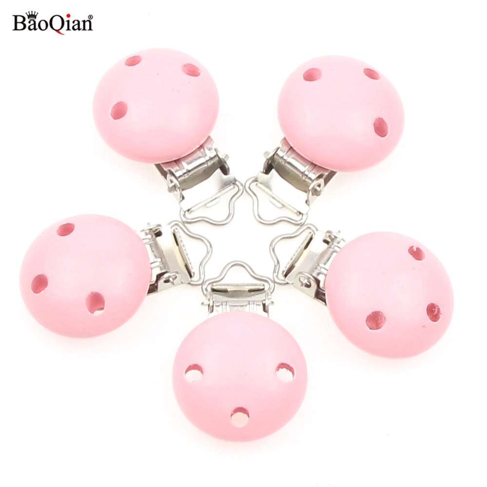 Pink 5Pcs Wooden Metal Baby Pacifier Clips Holders Clothing Round Clasps DIY Baby Suspender Garment Clips Accessories