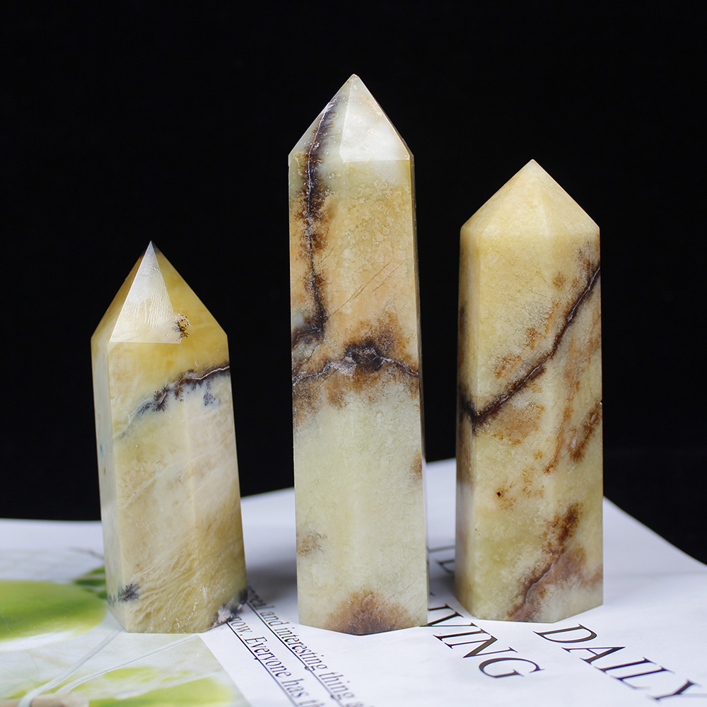 Natural CrystalBlack water grass green mountain jade Point Healing Stone Hexagonal PrismsObelisk Wand Treatment Stone DIY Gift