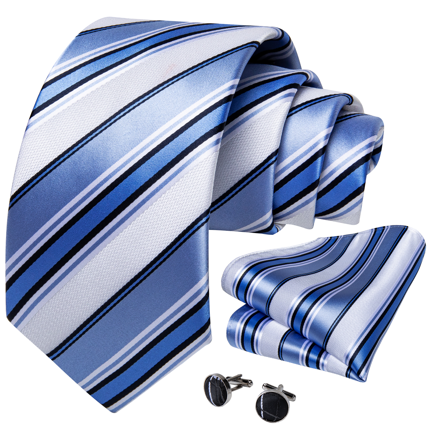 New Classic 8cm Wide Men's Blue White Striped Silk Ties Set Business Wedding Tie Pocket Square Cufflinks Gifts For Men DiBanGu