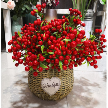 7 Branches Red artificial berry flowers bouquet artificial fruit plants mini leaf outdoor living room wedding decoration