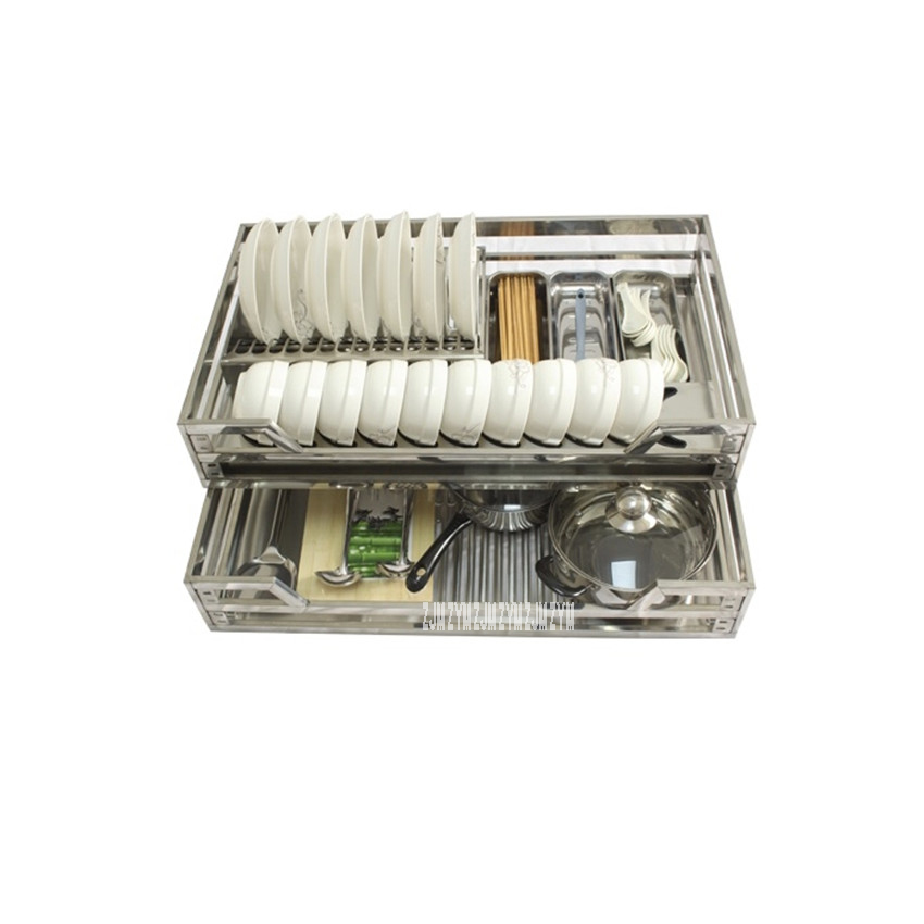 FGLL-001 Double-Deck Pull-Out Basket 201/304 Stainless Steel Dish Drawer Kitchen Cabinet Basket Hydraulic Damping Square Tube