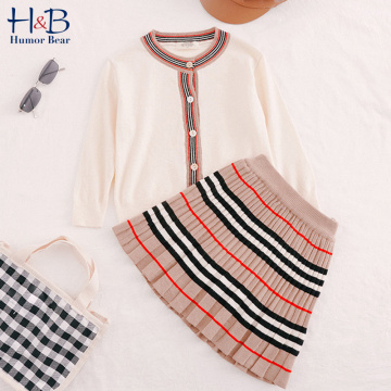 Humor Bear Girls Sweater Set Autumn New Children'S Clothing Cardigan Princess Knitted Jacket +Striped Short Skirt 2pcs Suit