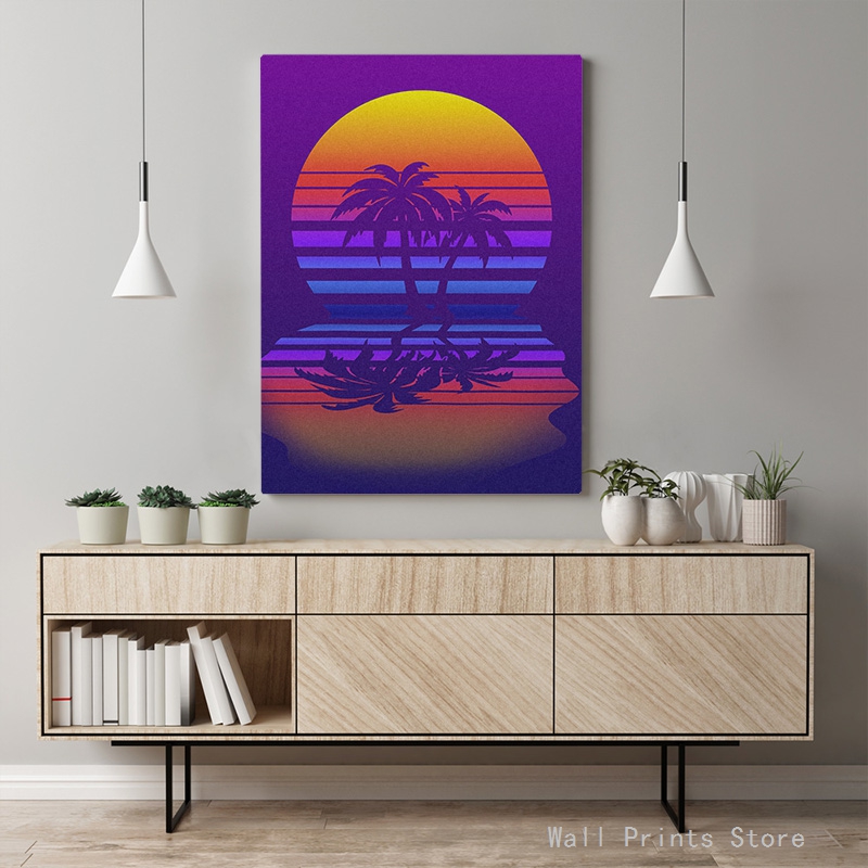 Futuresynth Outrun Retrowave Synthwave Minimal Moon and Palm Vintage Poster Canvas Painting Wall Art Decor Study Home Decoration