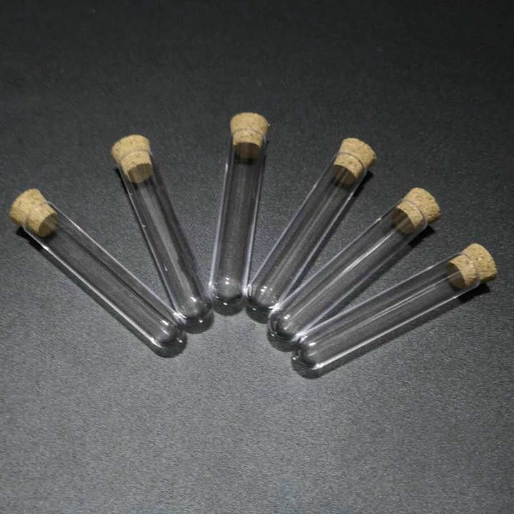 Free shipping 200pcs/lot 12x75mm Hard Plastic test tubes with cork stopper for kind shcools/university experiments