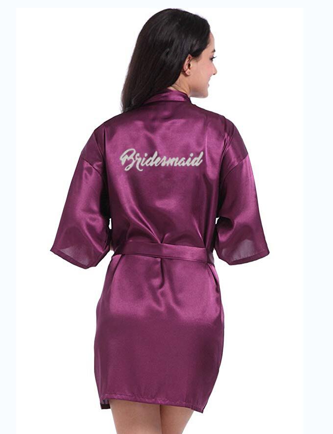 new purple robe silver writing mother of the groom robes wedding Short Bride kimono bridesmaid satin robe drop shipping