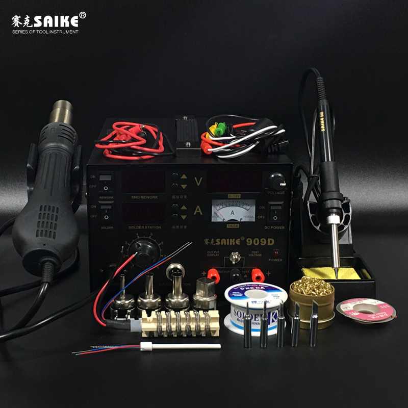 SAIKE 909D 3 in 1 Hot air gun soldering station Rework stations Desoldering station DC regulated power supply 15V 1A