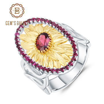 GEM'S BALLET 1.00Ct Natural Rhodolite Garnet Sunflower Rings 925 Sterling Silver Handmade Ring for Women Bijoux Fine Jewelry