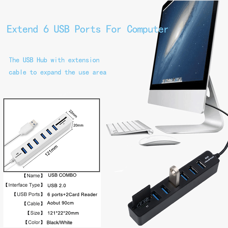 kebidu Hot USB Hub Combo 6 Ports USB 2.0 Hub 2 In 1 Splitter Multi USB Combo + SD/TF Card Reader For PC Laptop Computer