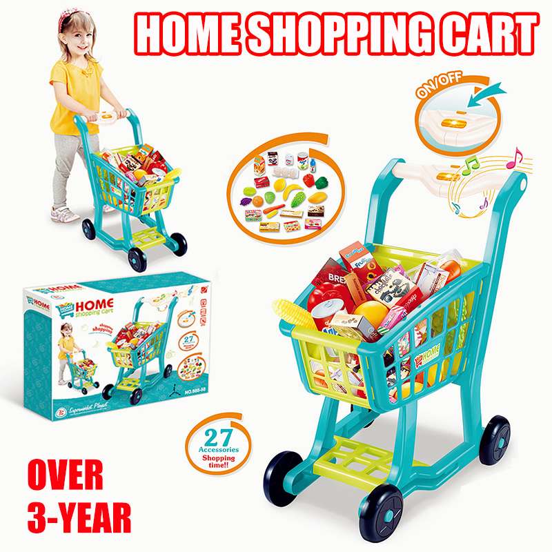 Groceries Cart Trolley Toys Kids Light Music Supermarket Shopping For Girls Kitchen Play House Simulation Fruits Pretend Toy
