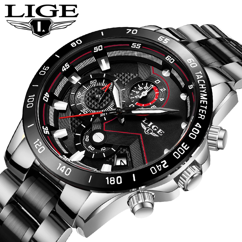 LIGE New Men Watch Business Waterproof Date Watches Fashion Multifunction Stainless Steel Black Quartz Watch relojes para hombre