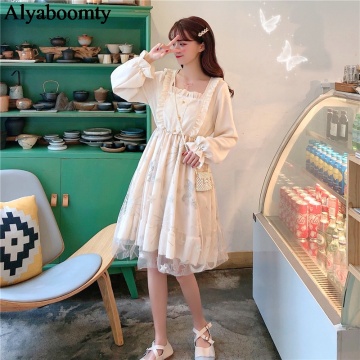 New Japanese Lolita Style Spring Autumn Women Sweet Dress Square Collar Print Mesh Party Dress Cute Kawaii Princess Tulle Dress