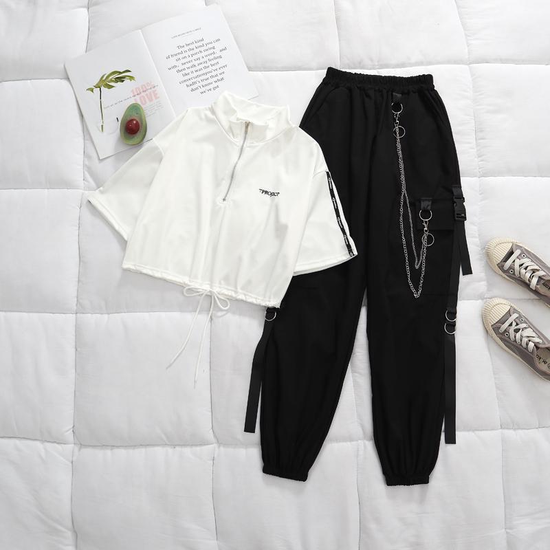 Women Cargo Streetwear Harajuku Pant Chain Females Two Piece sets Pants Buckle Ribbon Pocket Jogger Elastic High Waist Pants