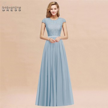 Popular Dusty Blue Lace Chiffon Long Bridesmaid Dresses Charming Short Sleeve Wedding Guest Dresses robe demoiselle d'honneur