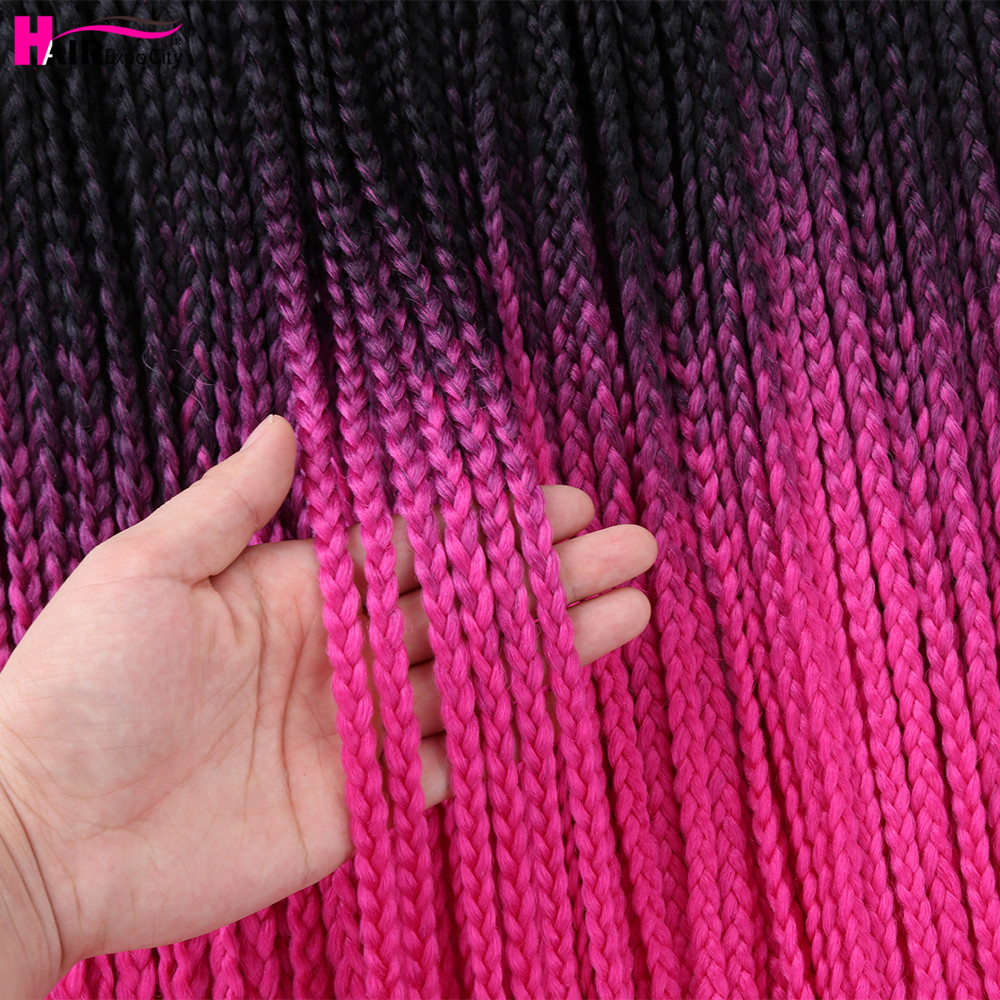 24" Box Braids Crochet Hair Ombre Synthetic Braiding Hair Extensions Heat Resistant Fiber 24 Roots/pack Pink Blue Hair Expo City
