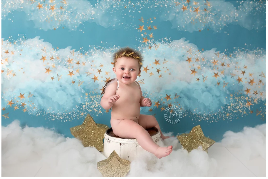 Blue sky cloud Backdrop Child Cake Smash Newborn Baby Photography Background 1st Birthday Party Gold DotsDecoration Banner