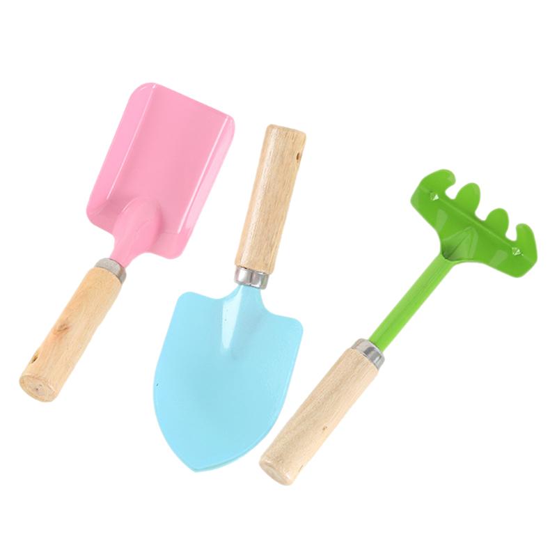3Pcs Kids Candy Color Garden Tools Mini Metal Trowel with Wooden Handle Gardening Tools Trowel Rake Shovel for Children